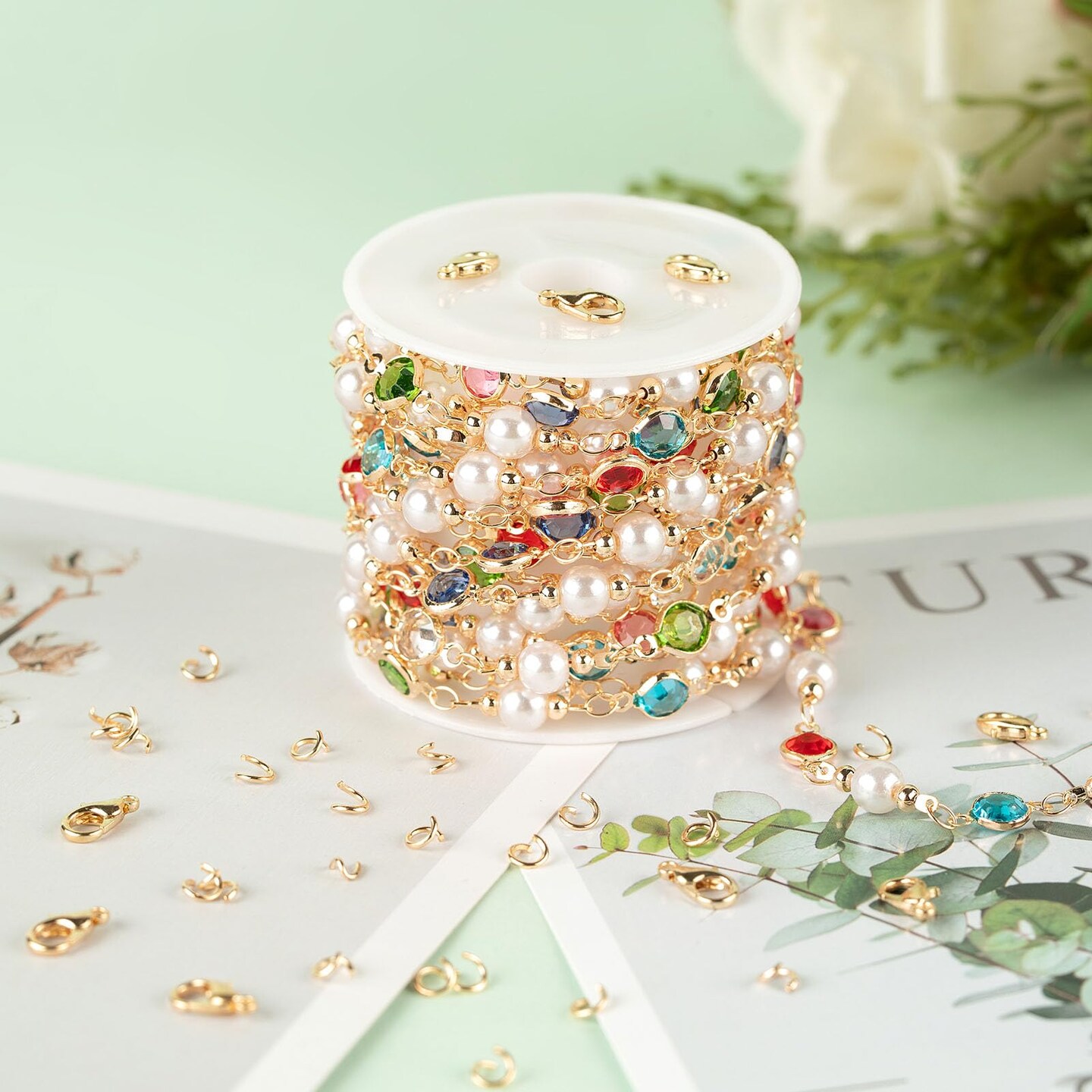 3M Artificial Pearl Chains for Jewelry Making, Mixed Color Rhinestone Jewelry Chains Bulk with Jump Rings and Lobster Clasps Jewelry Supplies Findings