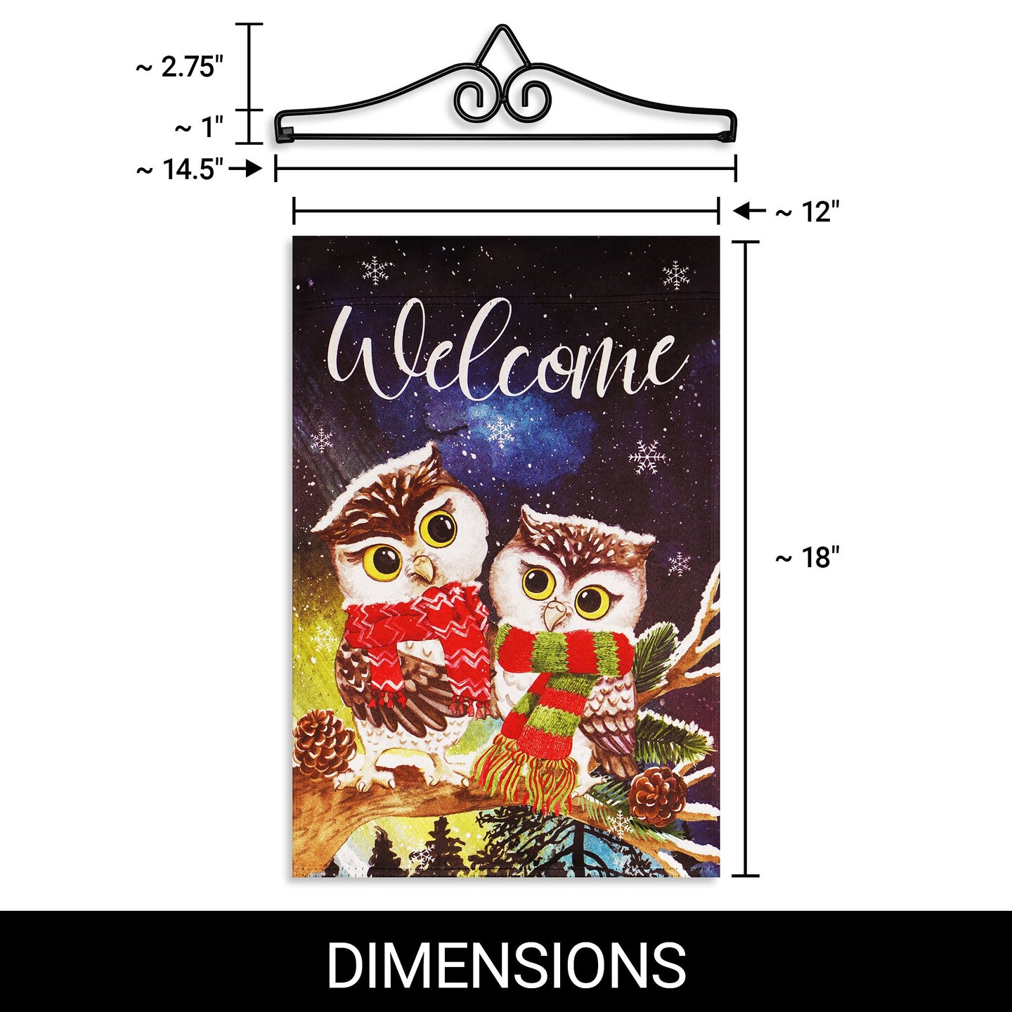 G128 Combo Pack Garden Flag Hanger 14IN & Garden Flag Welcome Cozy Owls with Scarves 12x18IN Printed Double Sided Blockout Fabric