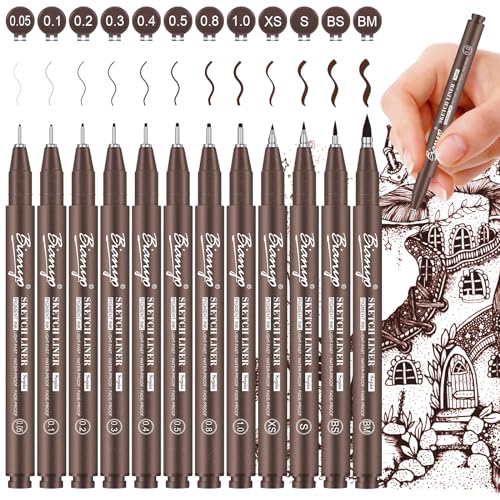 Bianyo Sepia Micro Pen Set, 12 Assorted Sizes Drawing Pens with Bonus Pouch Bag, Water-Resistant Archival and Pigment Ink Art Pens, Precision Drawing and Sketching Kit