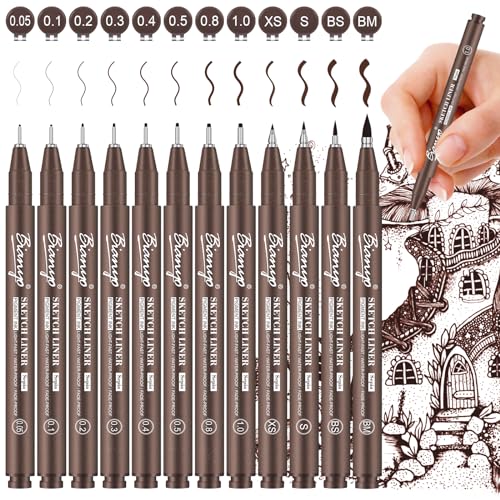 12 Assorted Sizes Drawing Pens with Bonus Pouch Bag, Water-Resistant Archival and Pigment Ink Art Pens, Precision Drawing and Sketching Kit