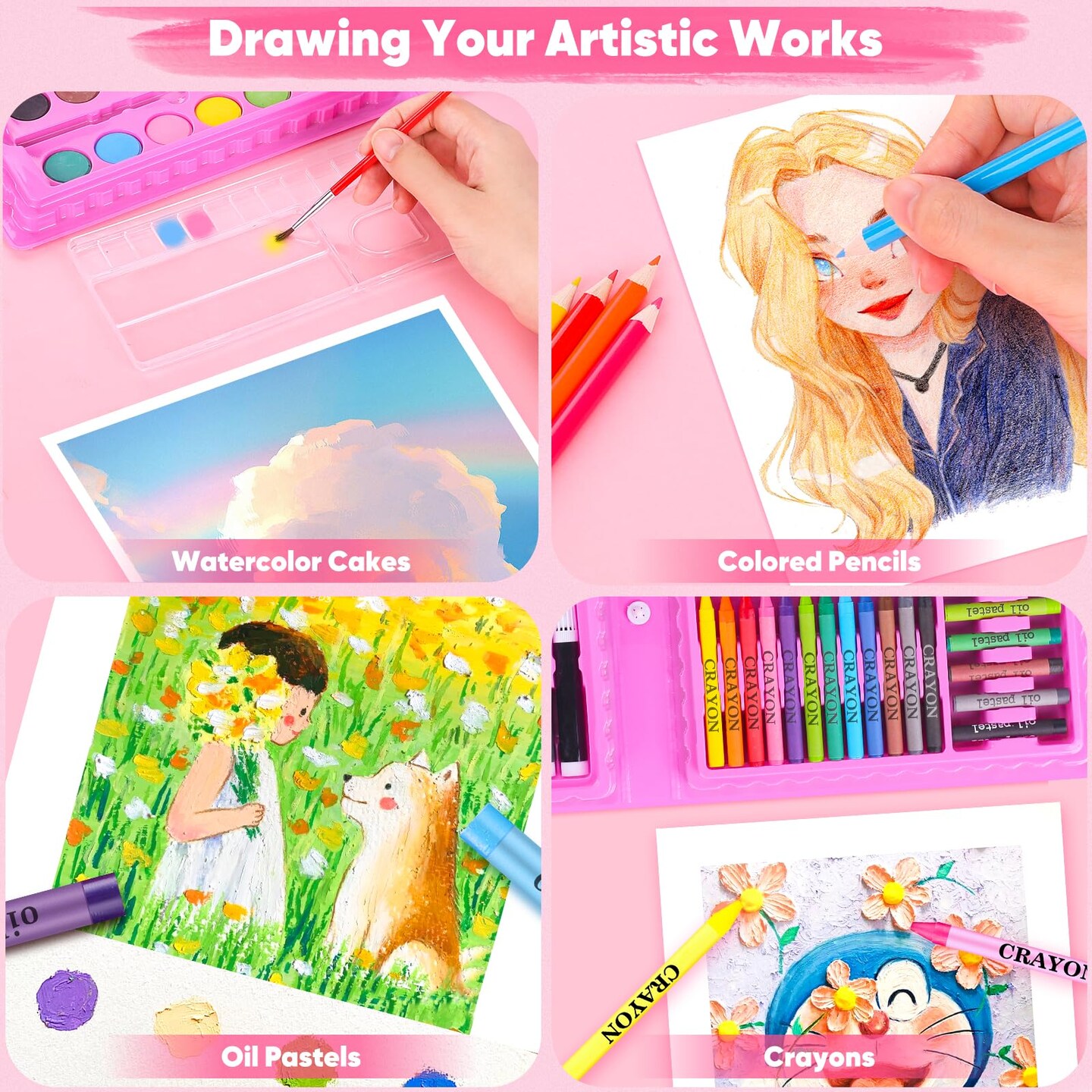 149 Pieces Drawing Kit Painting Art Set Art Kits Gifts Box, Arts and Crafts for Kids Girls Boys, with Coloring Book, Crayons, Pastels, Pencils, Watercolor Pens (Pink)