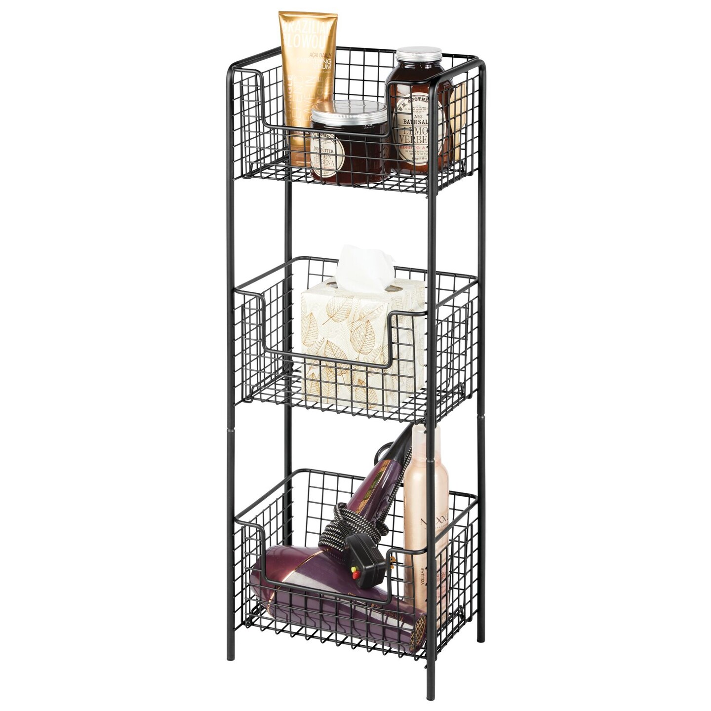 mDesign Steel Freestanding 3-Tier Storage Organizer Tower with Baskets