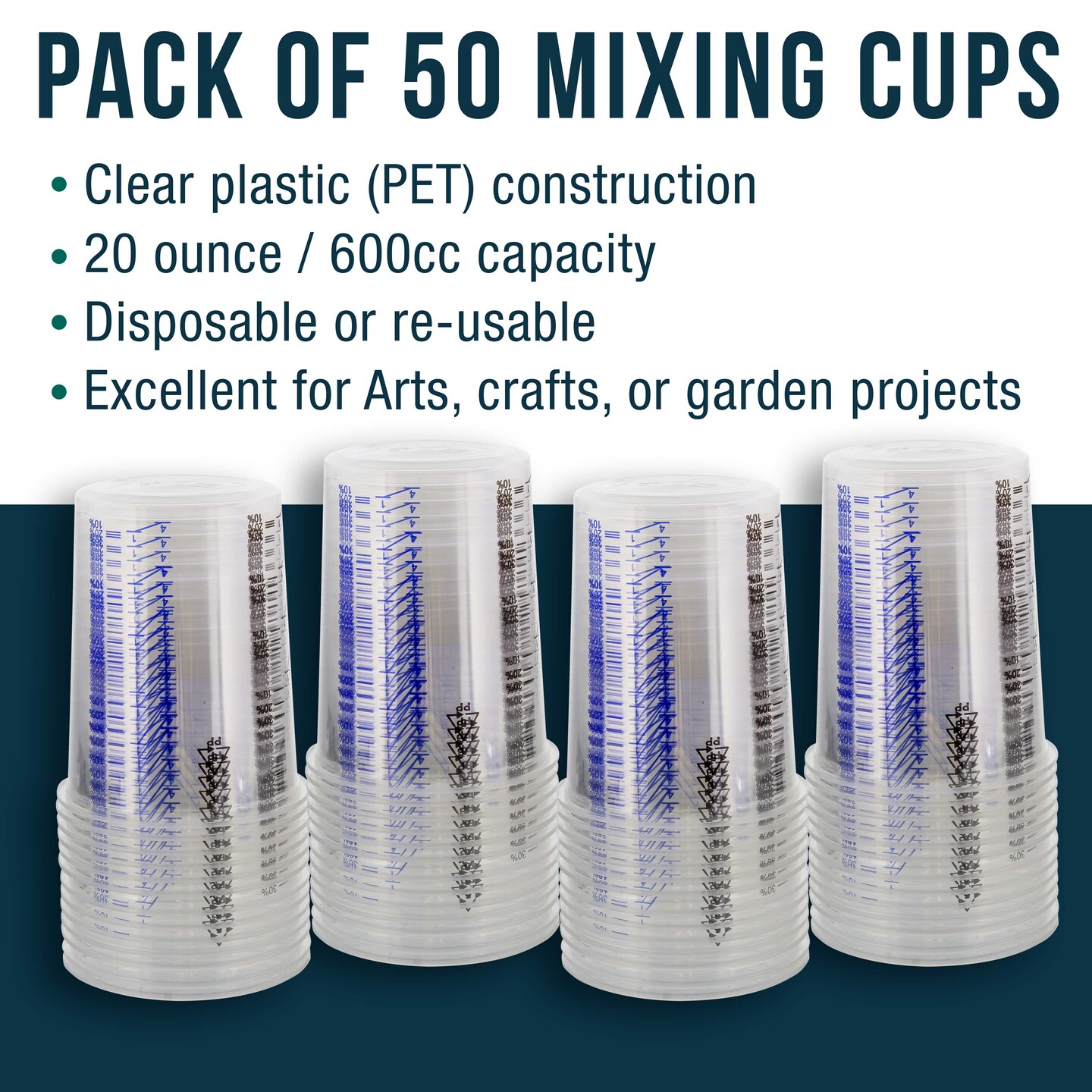 TCP Global 20 Ounce (600ml) Disposable Flexible Clear Graduated Plastic Mixing Cups Box of 50