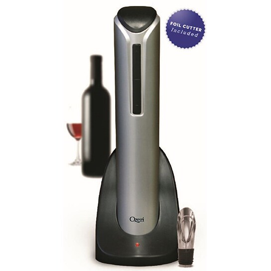Ozeri Pro Electric Wine Bottle Opener in Silver, with Wine Pourer, Stopper, Foil Cutter and Elegant Recharging Stand