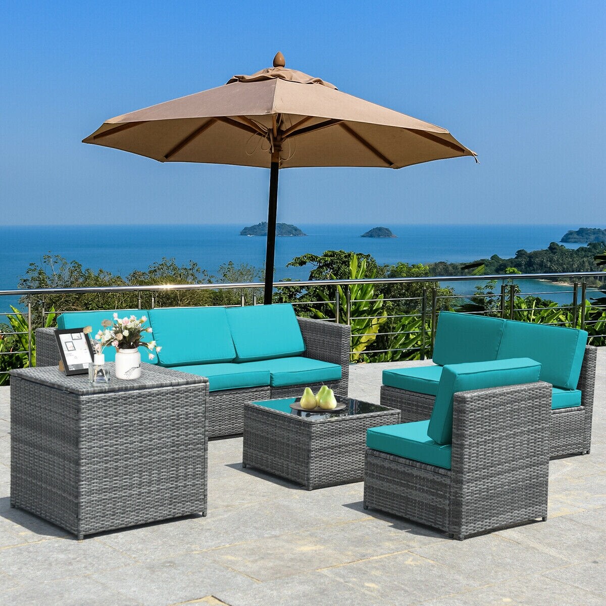 8 Piece Wicker Sofa Rattan Dinning Set Patio Furniture With Storage Table