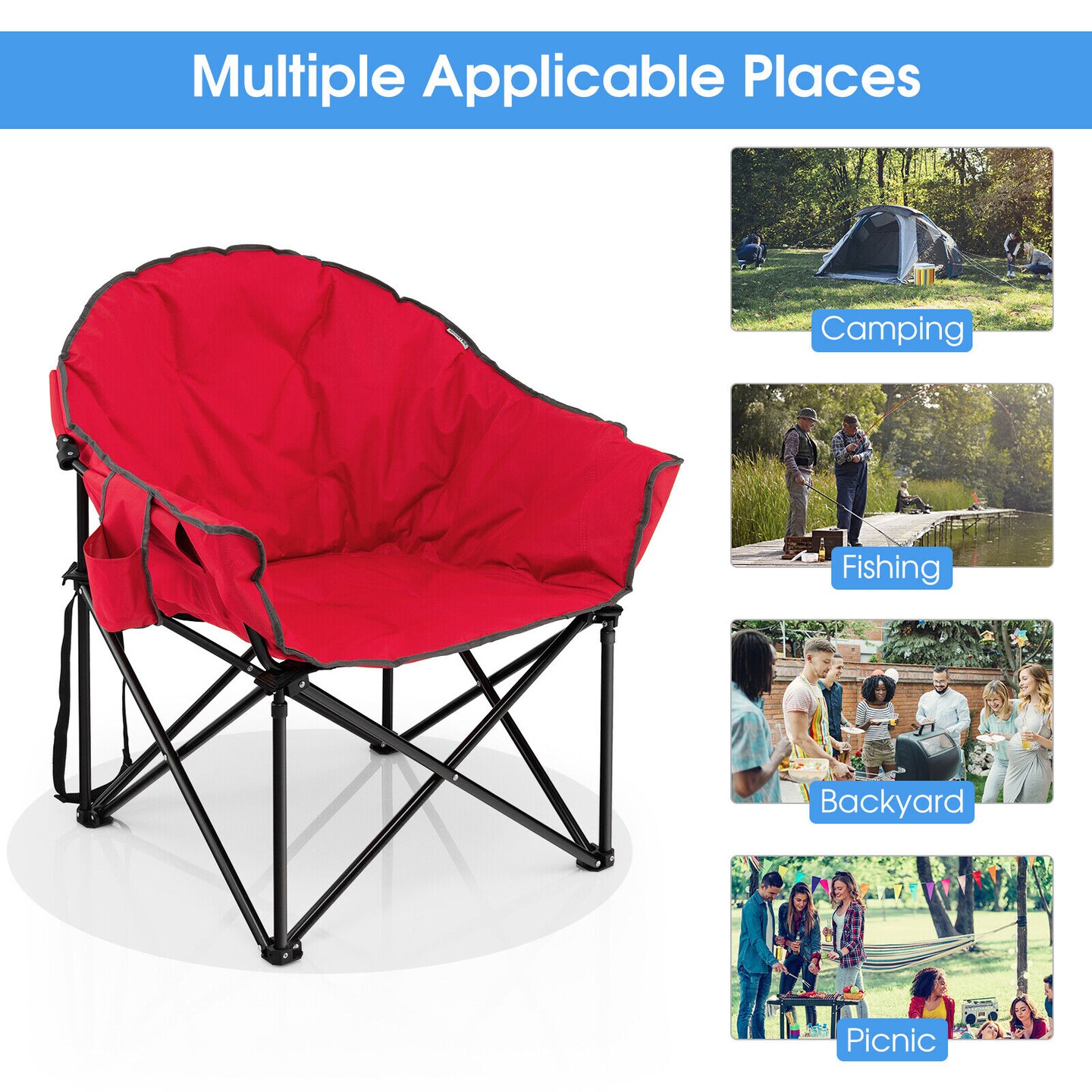 Folding Camping Moon Padded Chair with Cup Holder and Carrying Bag