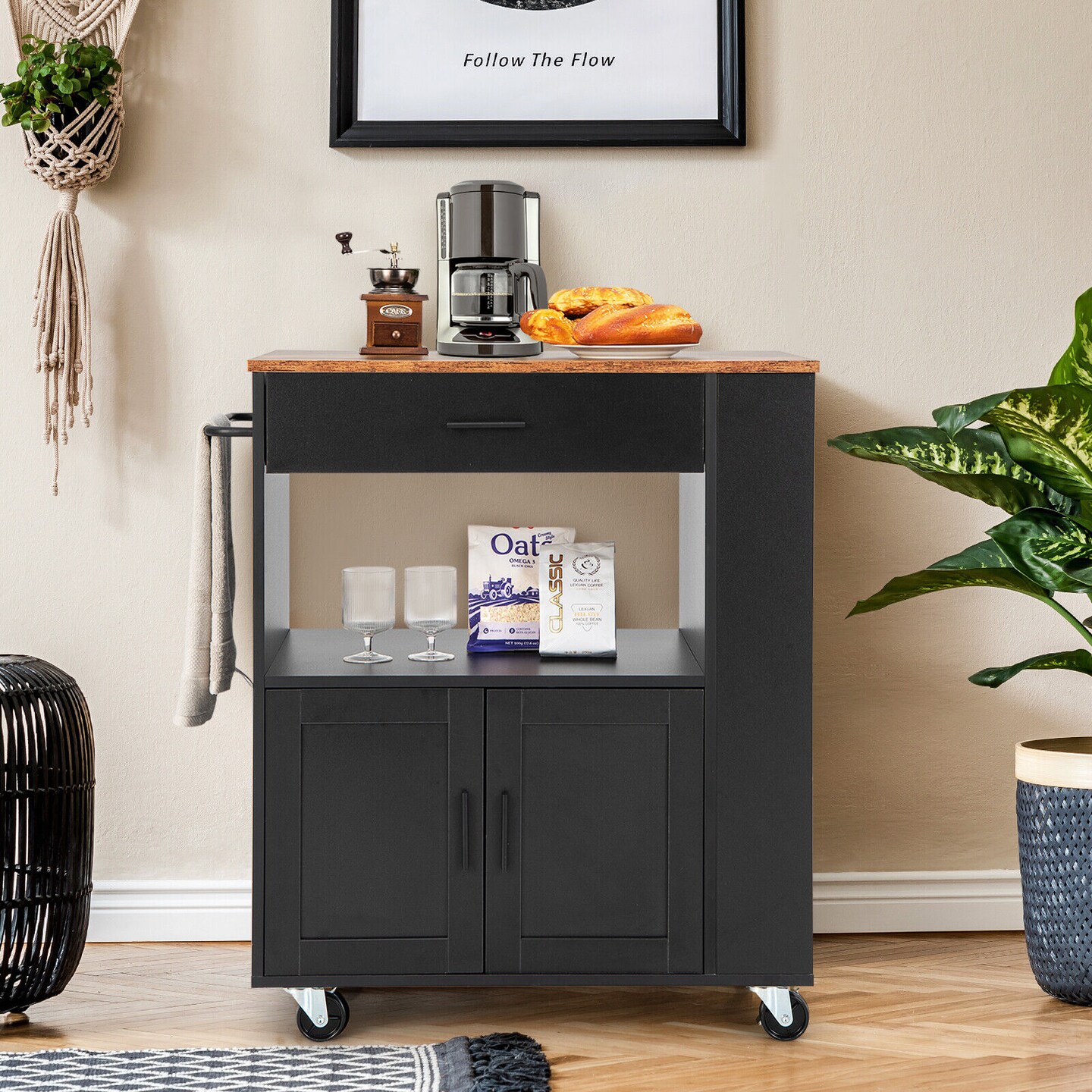 Kitchen Island Cart Rolling Storage Cabinet with Drawer and Spice Rack Shelf