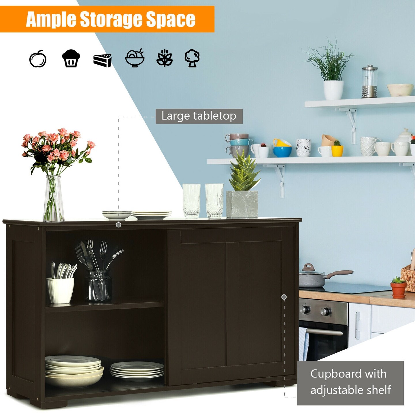 Kitchen Storage Cupboard Cabinet with Sliding Door and Adjustable Shelf