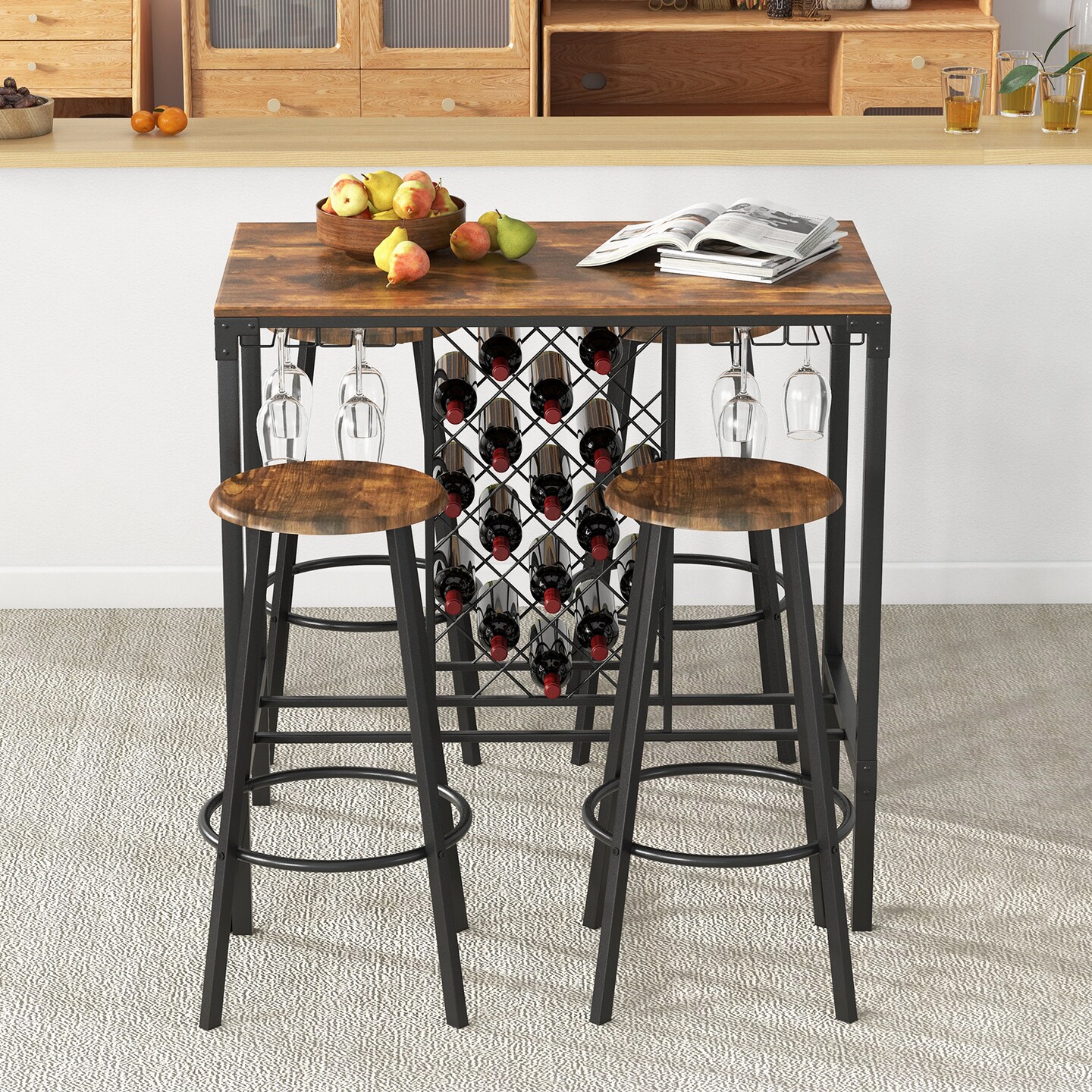 5 Pieces Bar Table and Stools Set with Wine Rack and Glass Holder