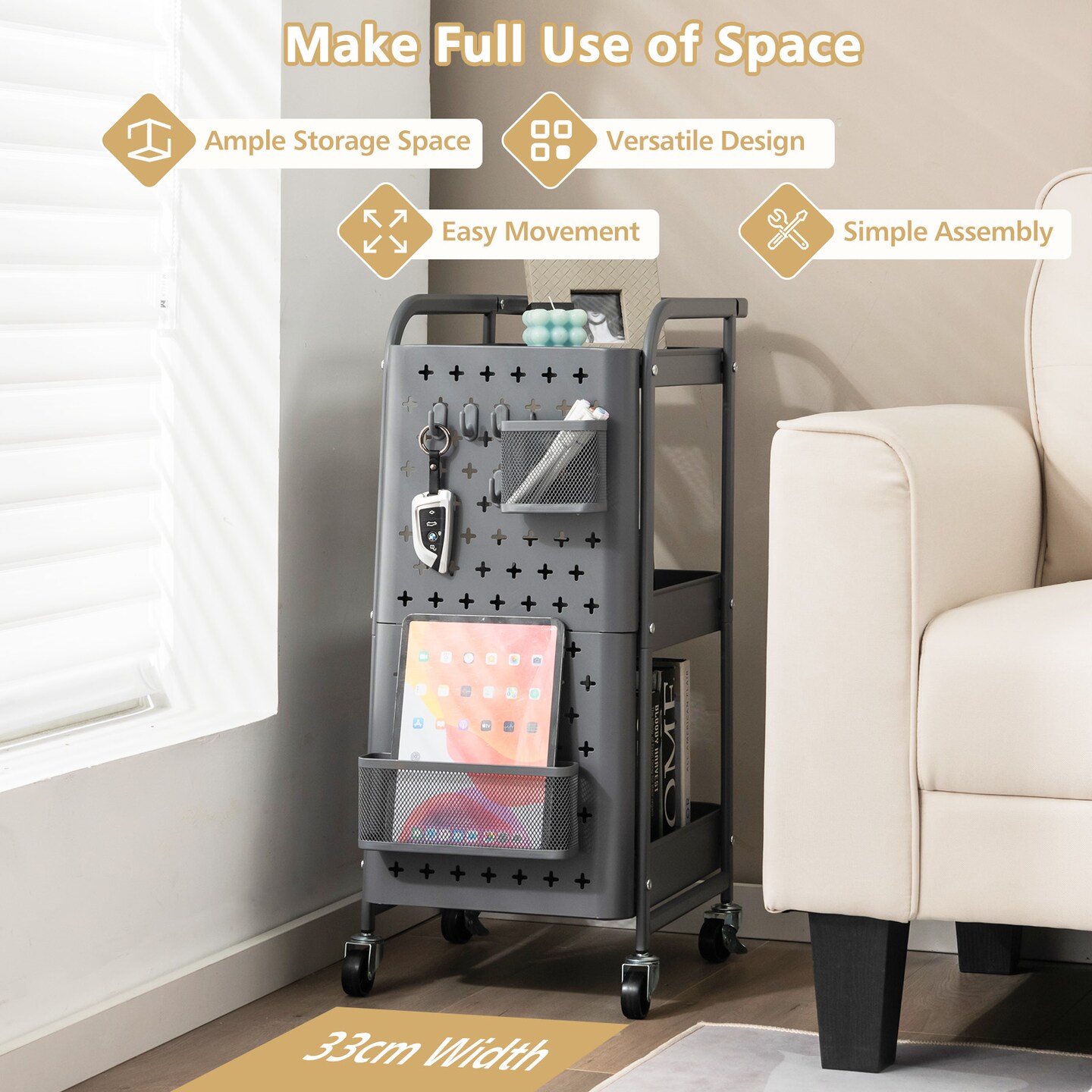 3-Tier Utility Storage Cart with DIY Pegboard Baskets