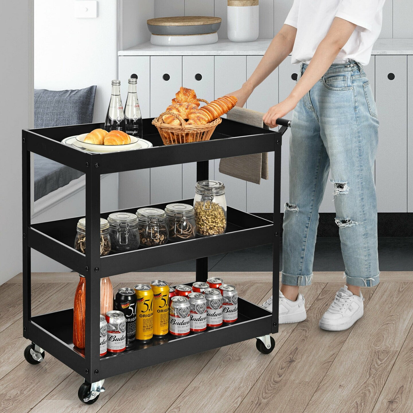 3-Tier Utility Cart Metal Mental Storage Service Trolley