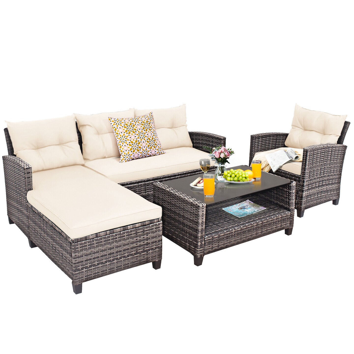 4 Pieces Patio Rattan Furniture Set With Cushion And Table Shelf