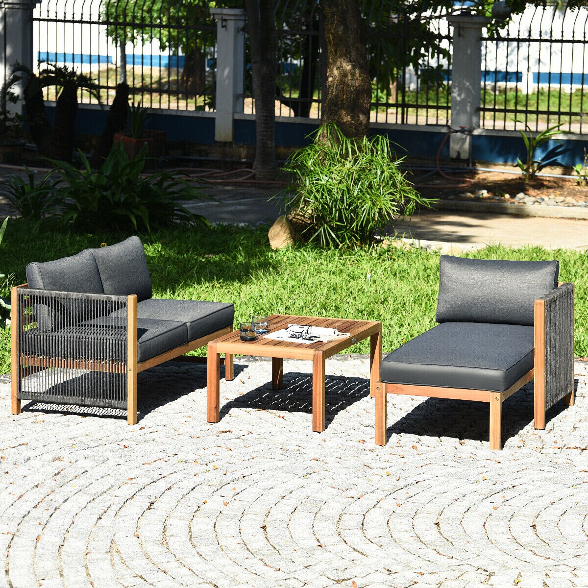 3 Piece Patio Acacia Sofa Set With Nylon Armrest