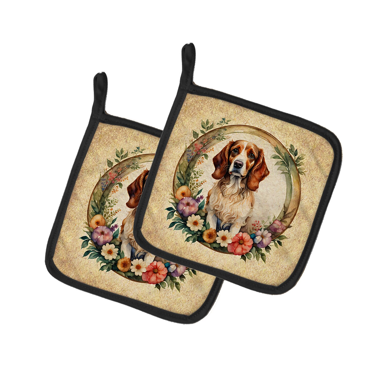 Caroline&#x27;s Treasures Brittany Spaniel and Flowers Pair of Pot Holders