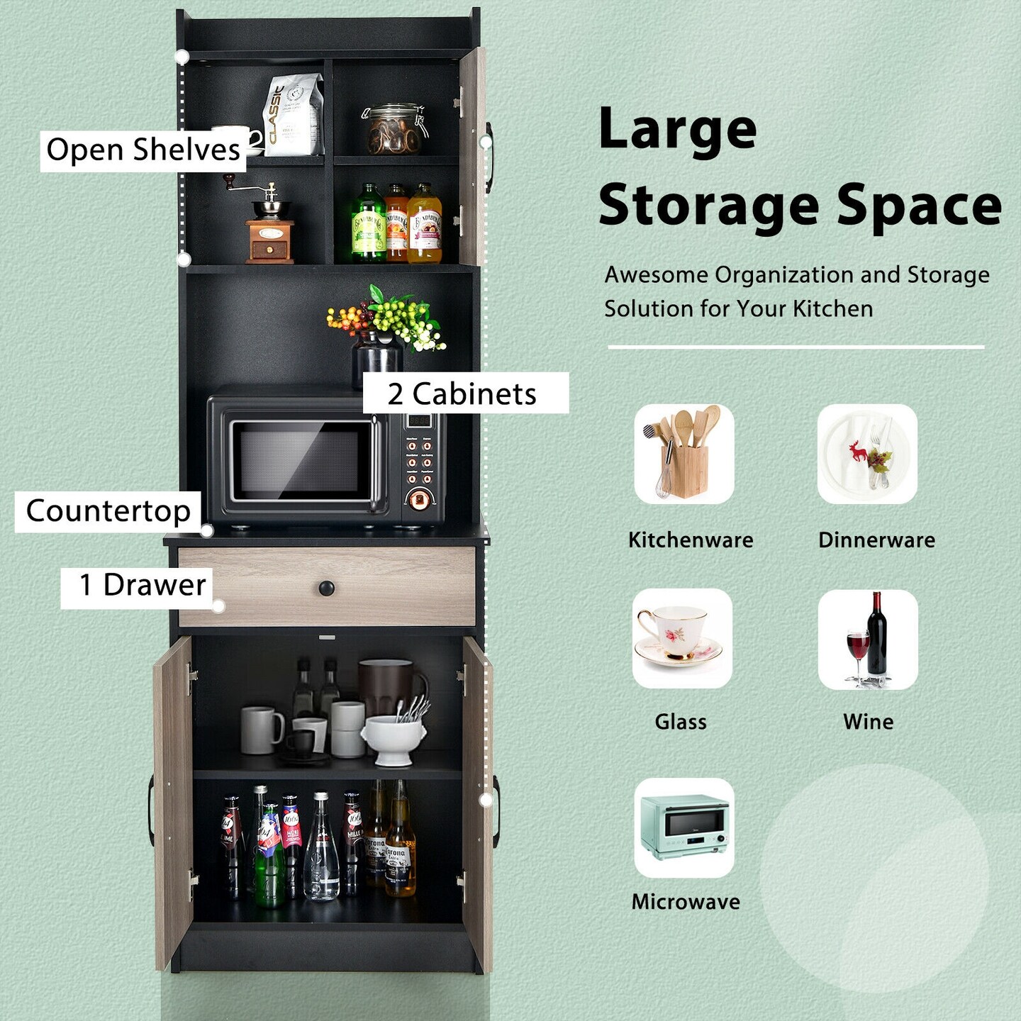 3-Door 71 Inch Kitchen Buffet Pantry Storage Cabinet with Hutch and Adjustable Shelf