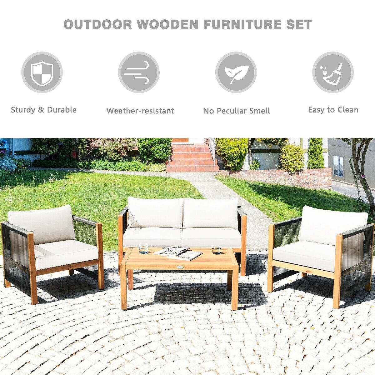 4 Pcs Acacia Wood Outdoor Patio Furniture Set with Cushions