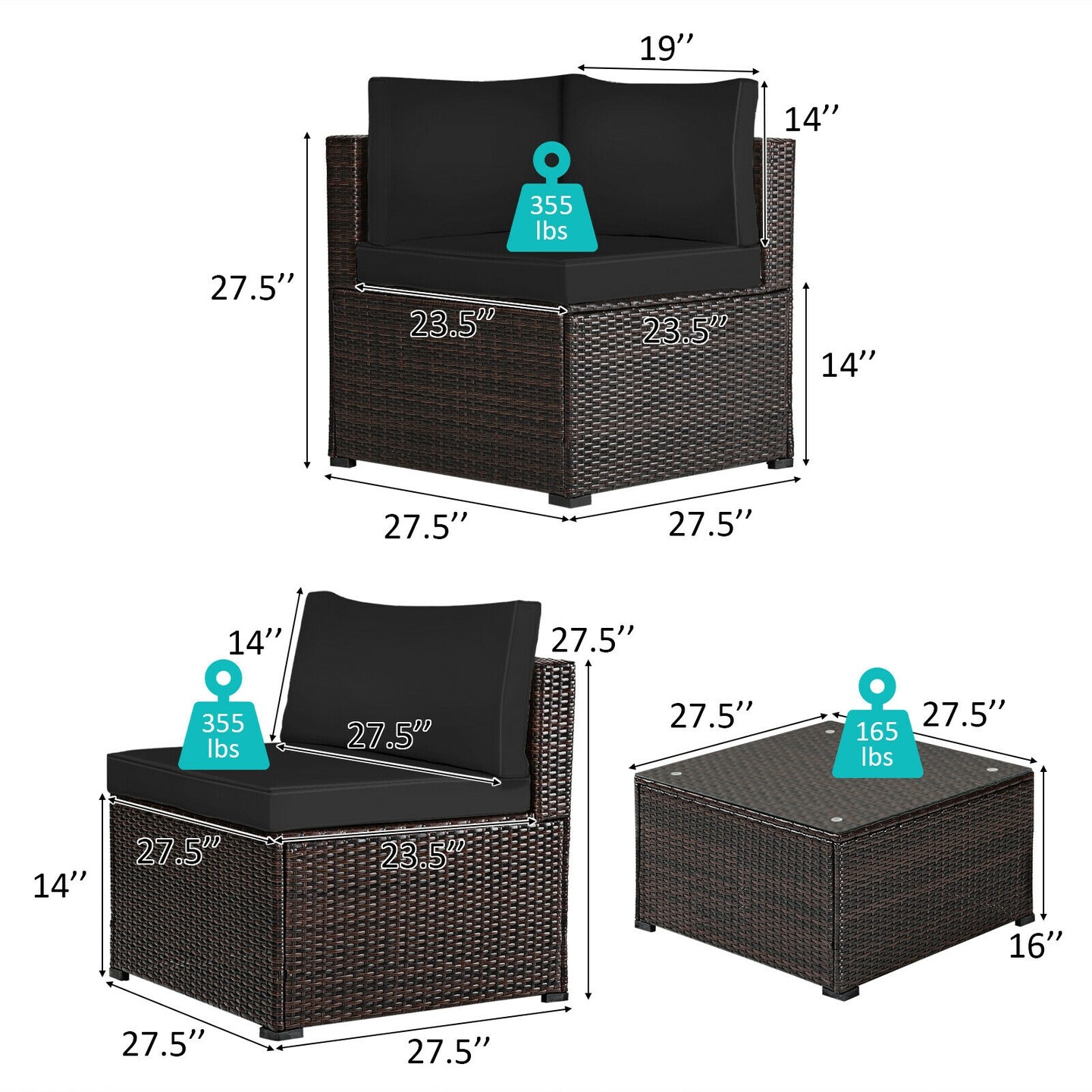 6 Pieces Patio Rattan Furniture Set Sectional Cushioned Sofa Deck