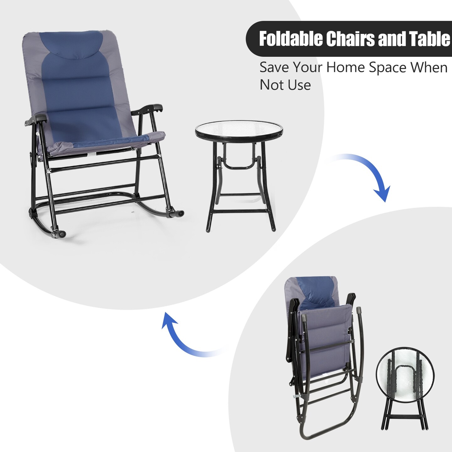 3 Pcs Outdoor Folding Rocking Chair Table Set with Cushion