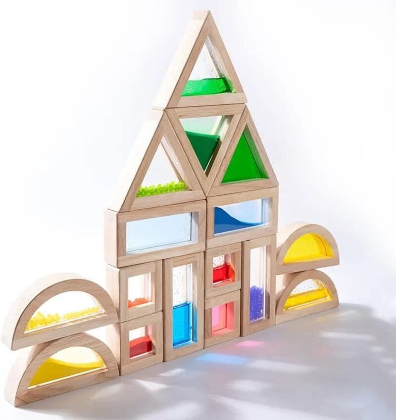 Large Wooden Building Blocks for Toddlers Baby Kids 16 Pcs Rainbow Blocks Geometry Sensory Stacking Construction Toys Set Colorful Preschool Learning Educational Toys for Boys &#x26; Girls&#x2026;