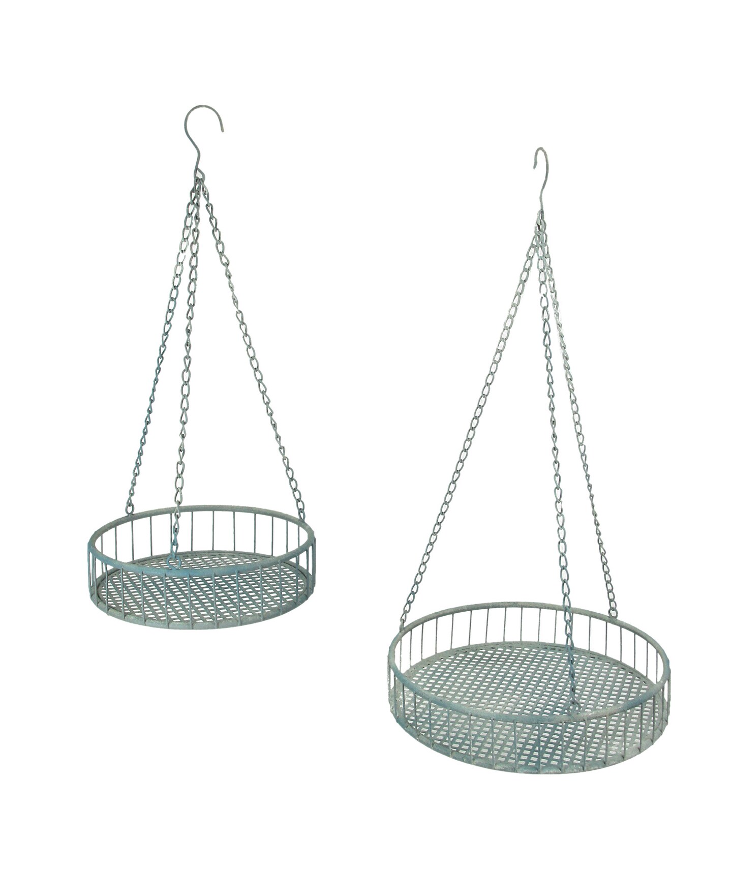 Set of 2 Weathered Gray Metal Mesh Hanging Plant Stands / Baskets
