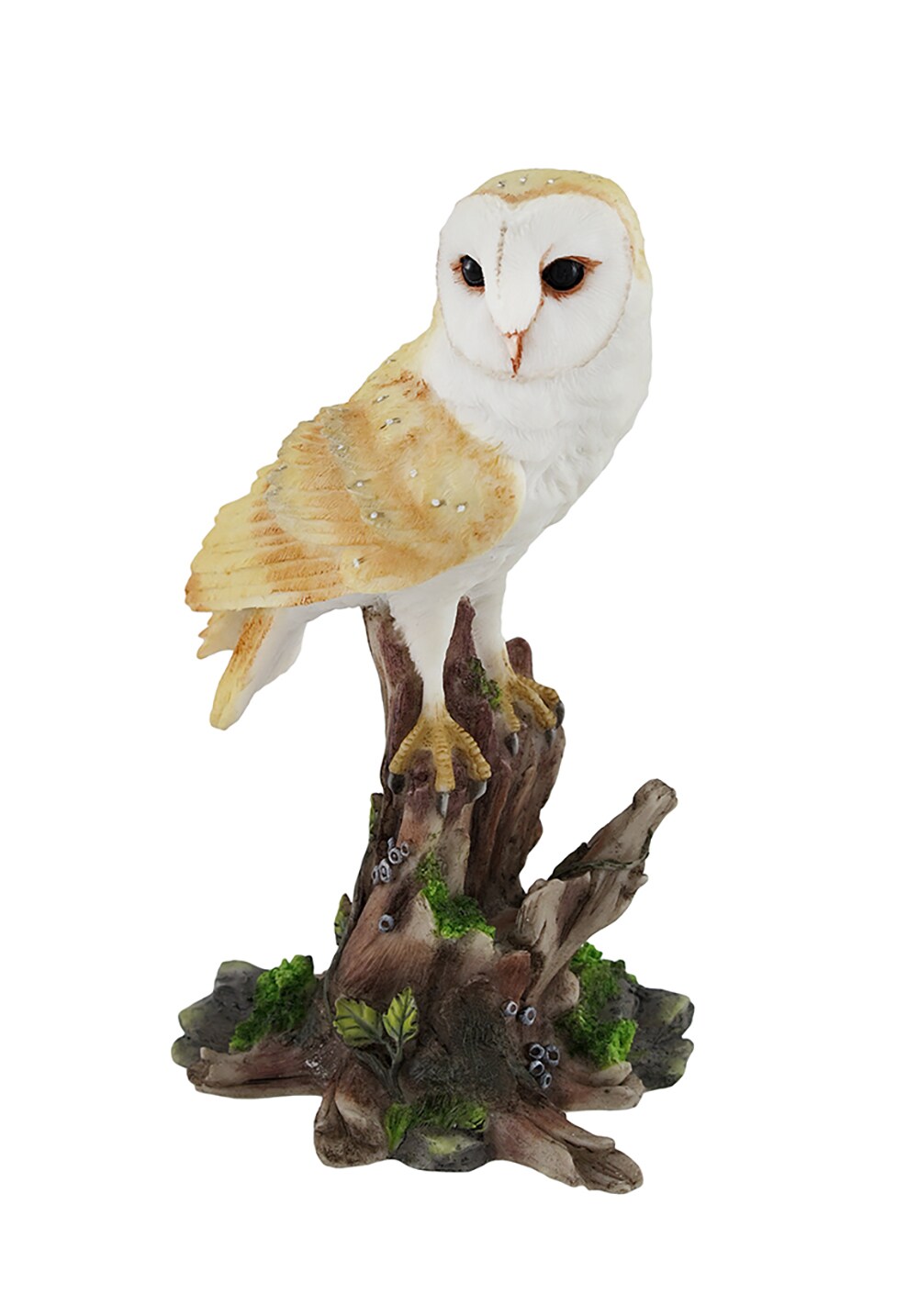 Barn Owl Vigilantly Perched on Tree Stump Statue