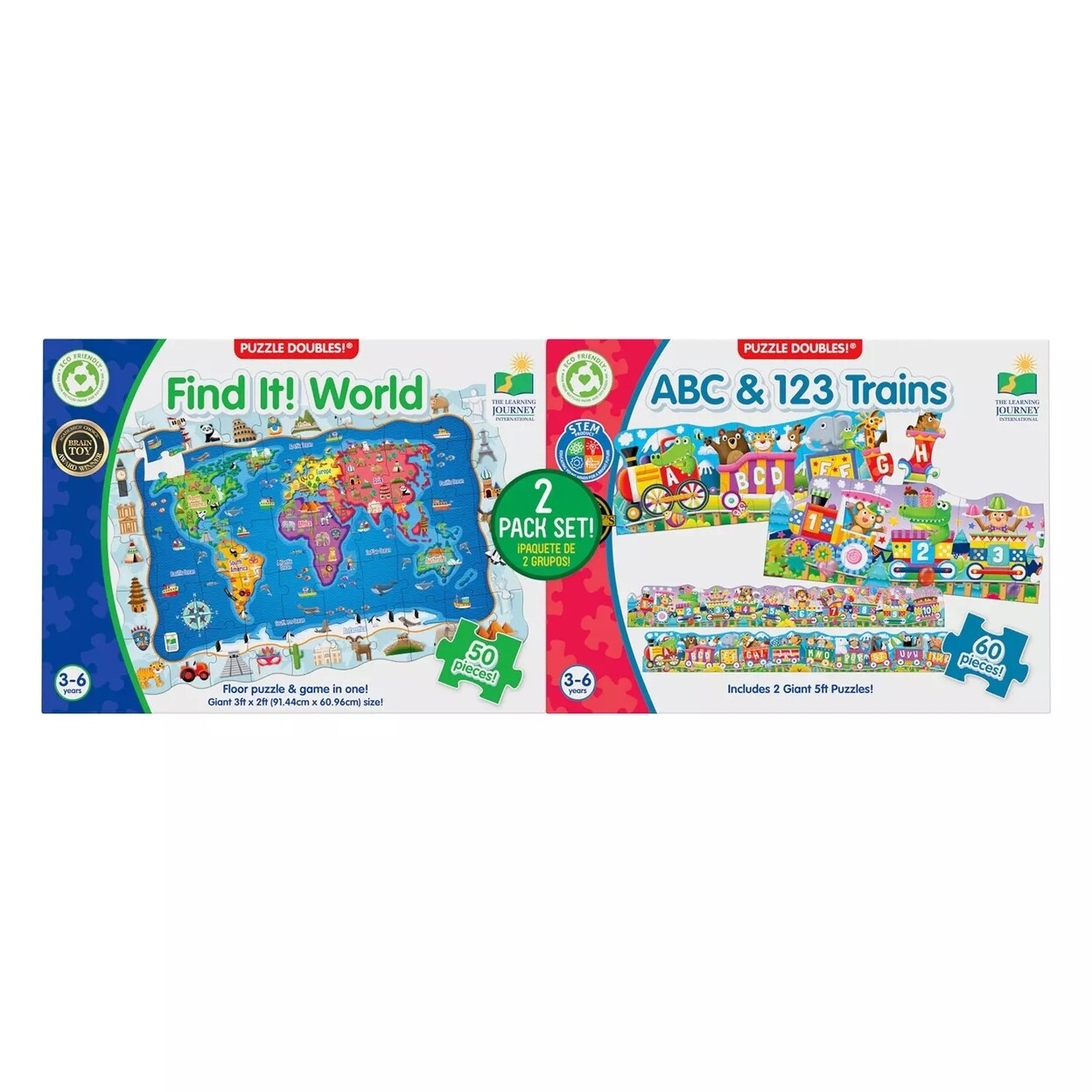 Learning Journey Puzzle Doubles: World Map + Giant ABC and 123 Train Floor Puzzles