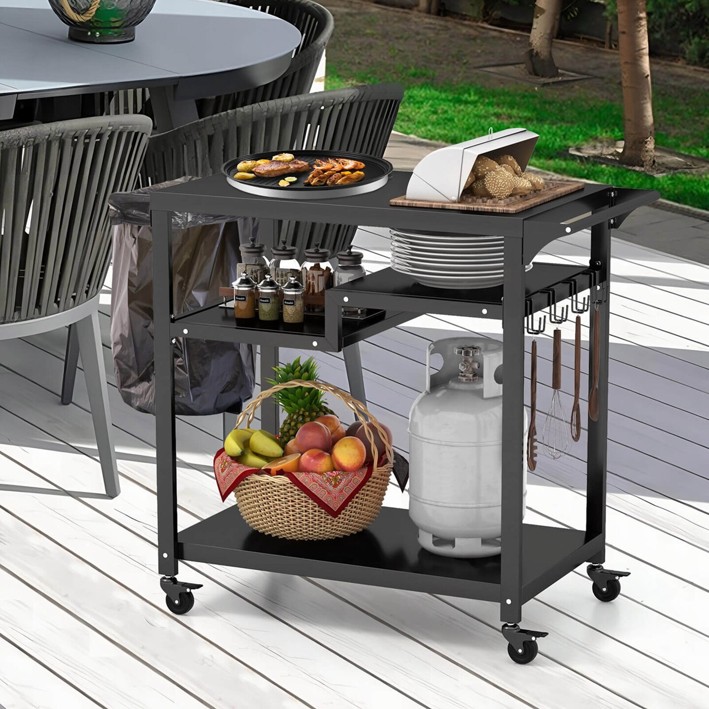 Costway Rolling Grill Cart 3-Shelf BBQ Table Pizza Oven Stand with Trash Bag Holder &#x26; Hooks