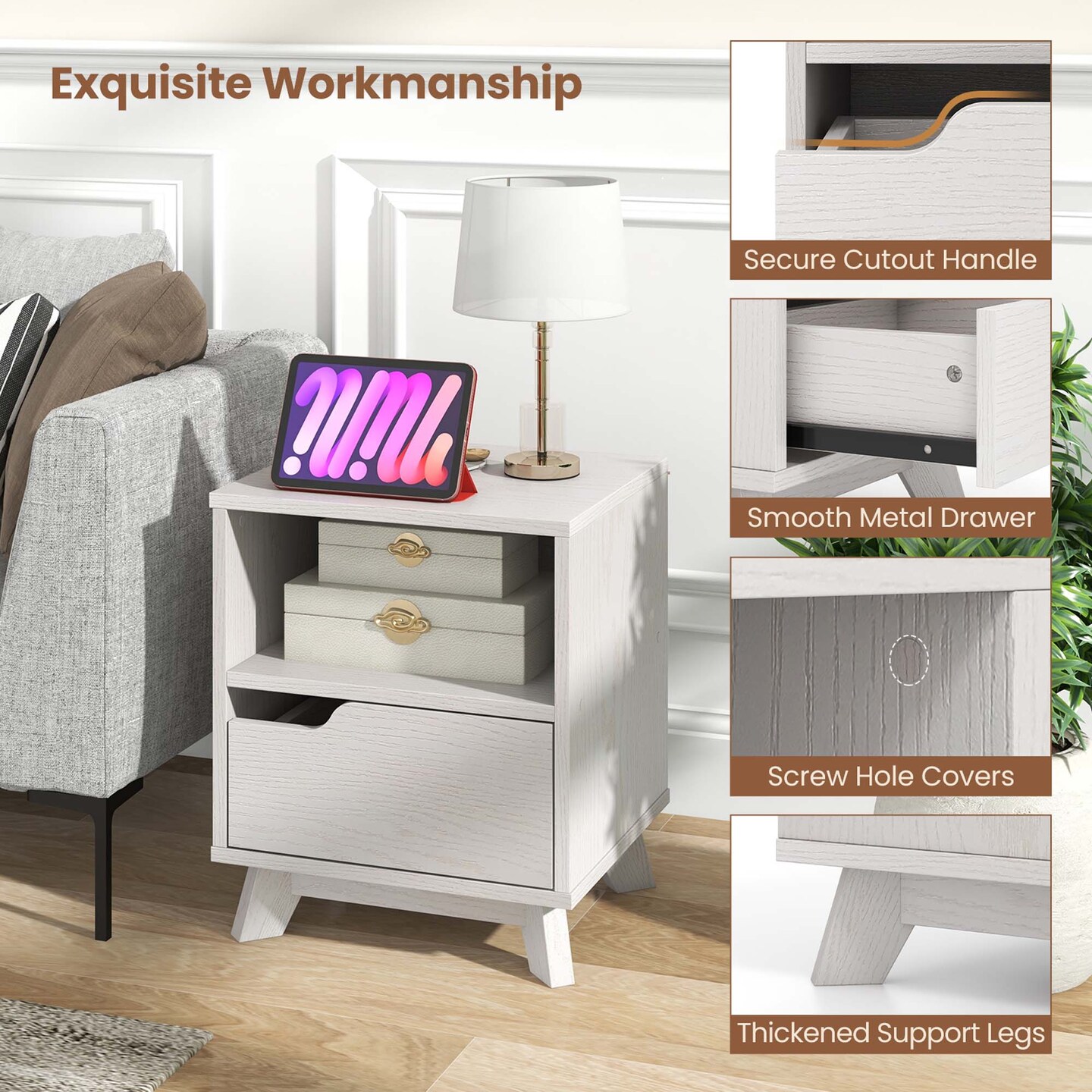 Costway 1/2 PCS Nightstand Sofa Side End Table with Storage Shelf &#x26; Drawer Space-Saving White
