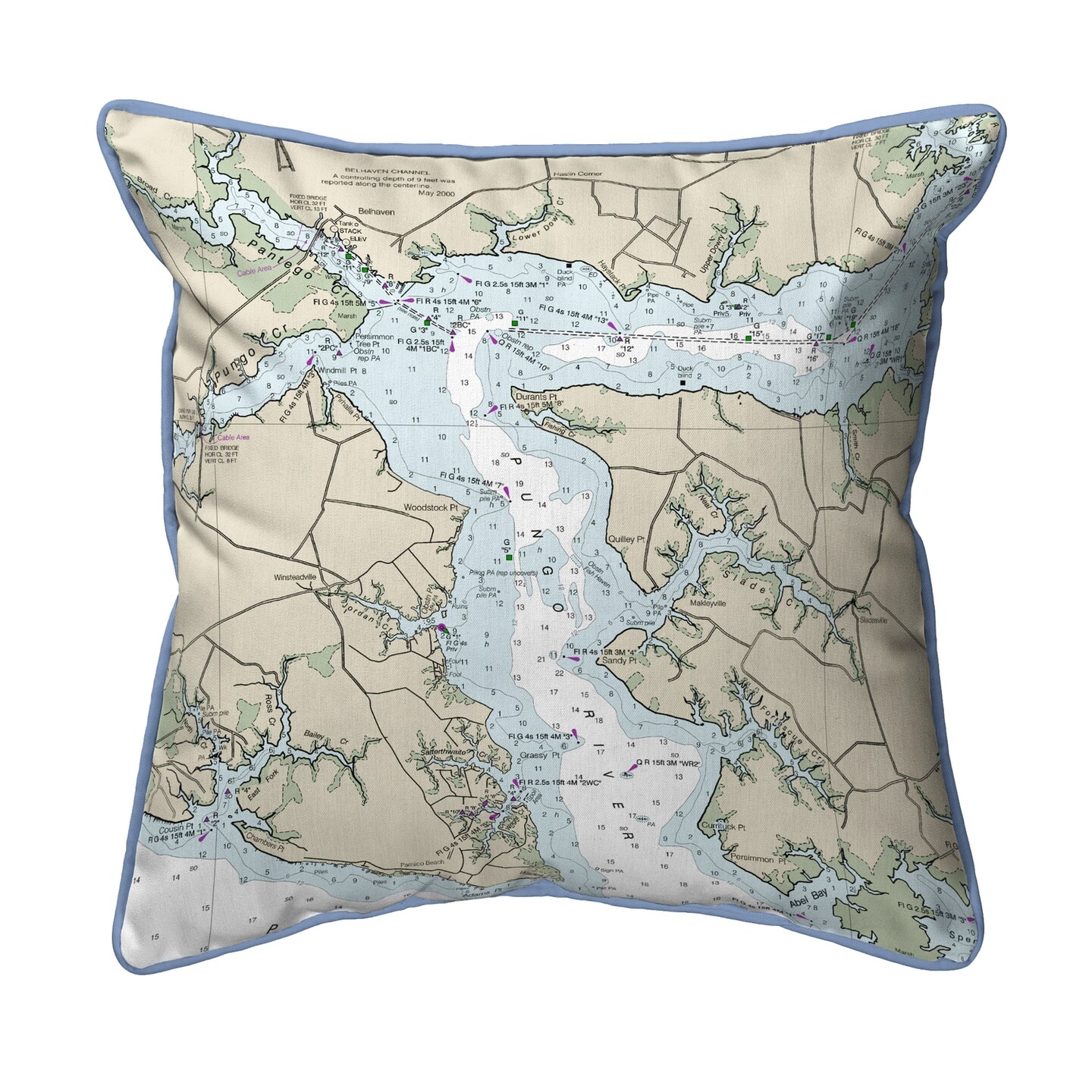 Pungo River, NC Nautical Map Pillow 22x22 &#x2013; Extra Large Zippered