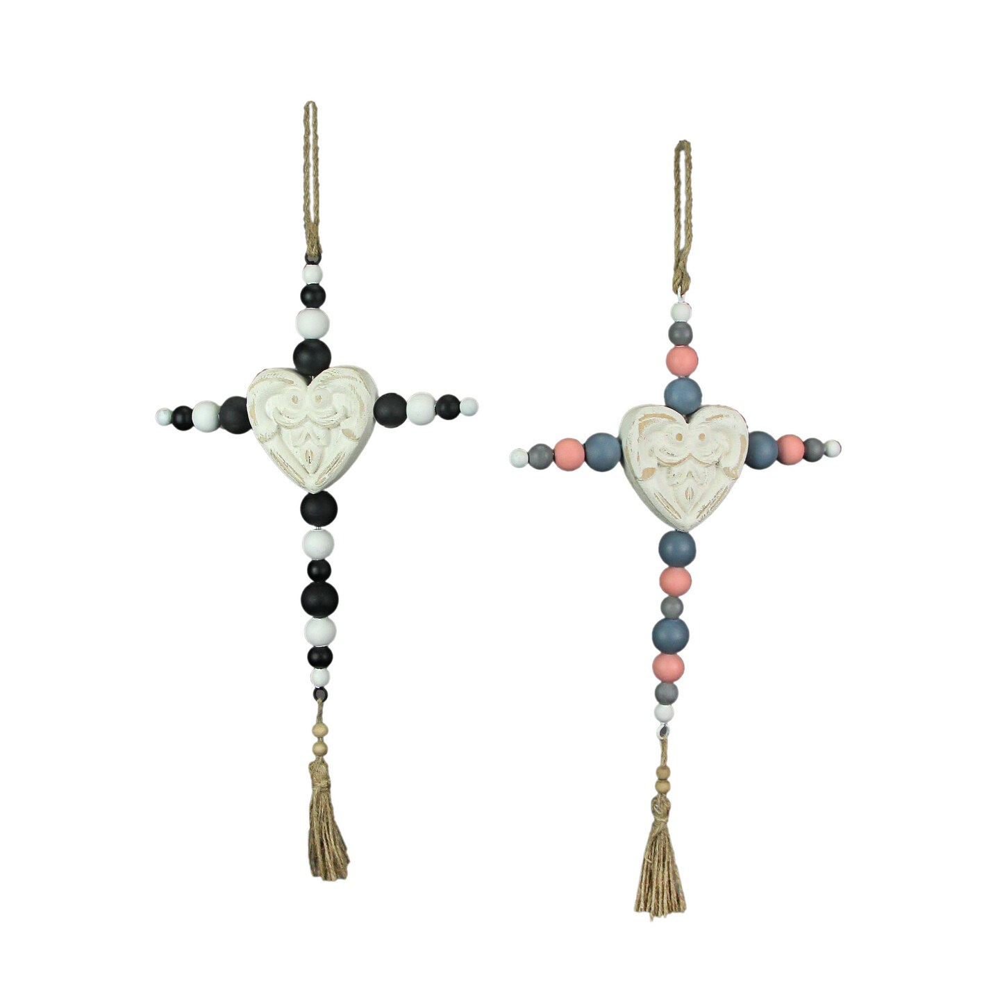 19 Inch Wooden Bead Cross Wall Hanging Home Decor Modern Decorative Art Set of 2