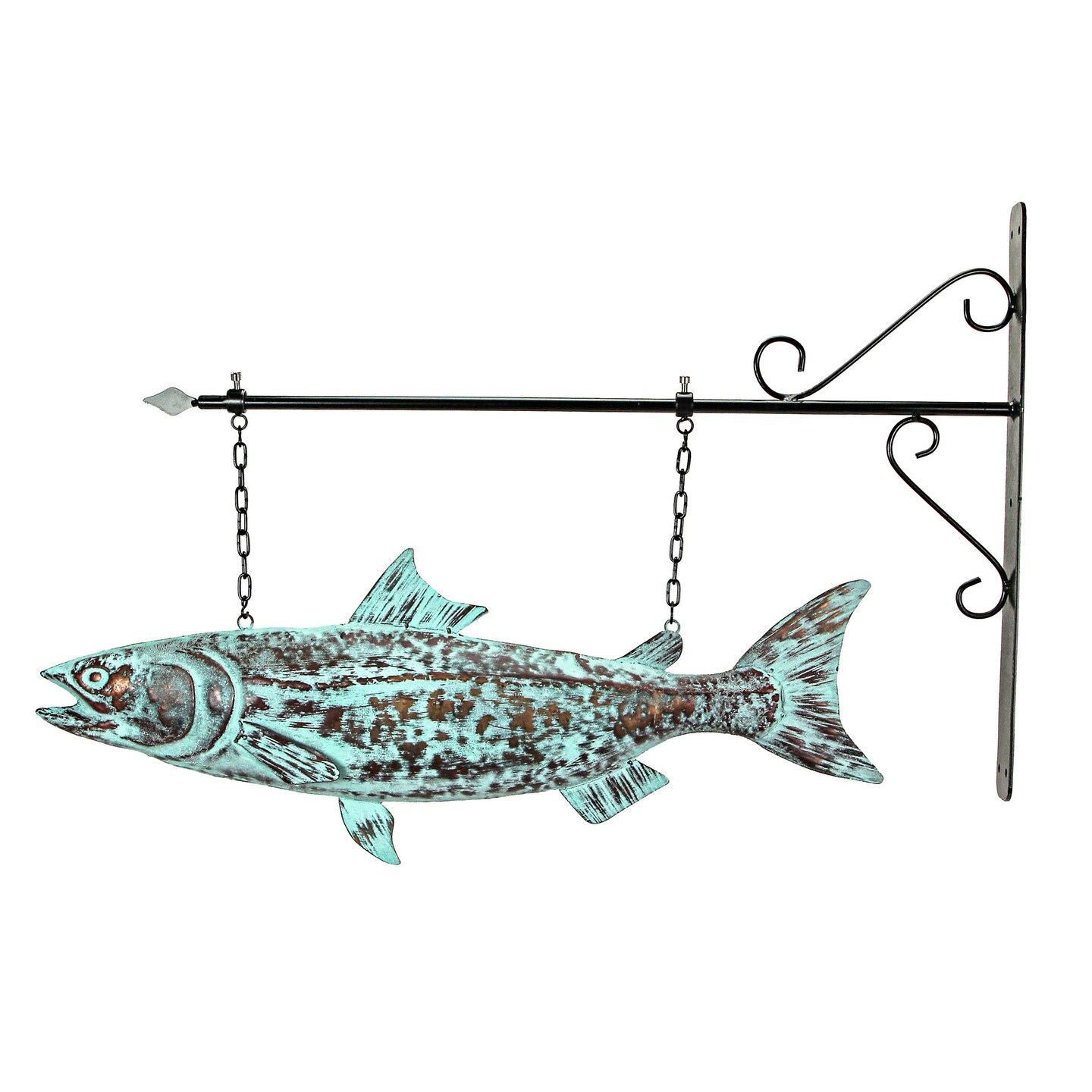 30in Metal Salmon Hanging Wall Bracket Verdigris Copper Coastal Outdoor Decor