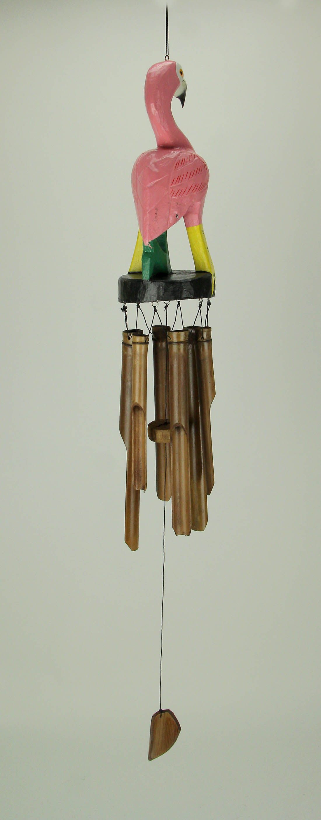 Hand Carved Wood and Bamboo Tropical Pink Flamingo  Wind Chime