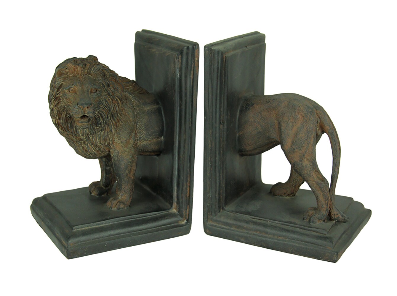 Antique Stone Finish Lion Top and Tail Bookend Set