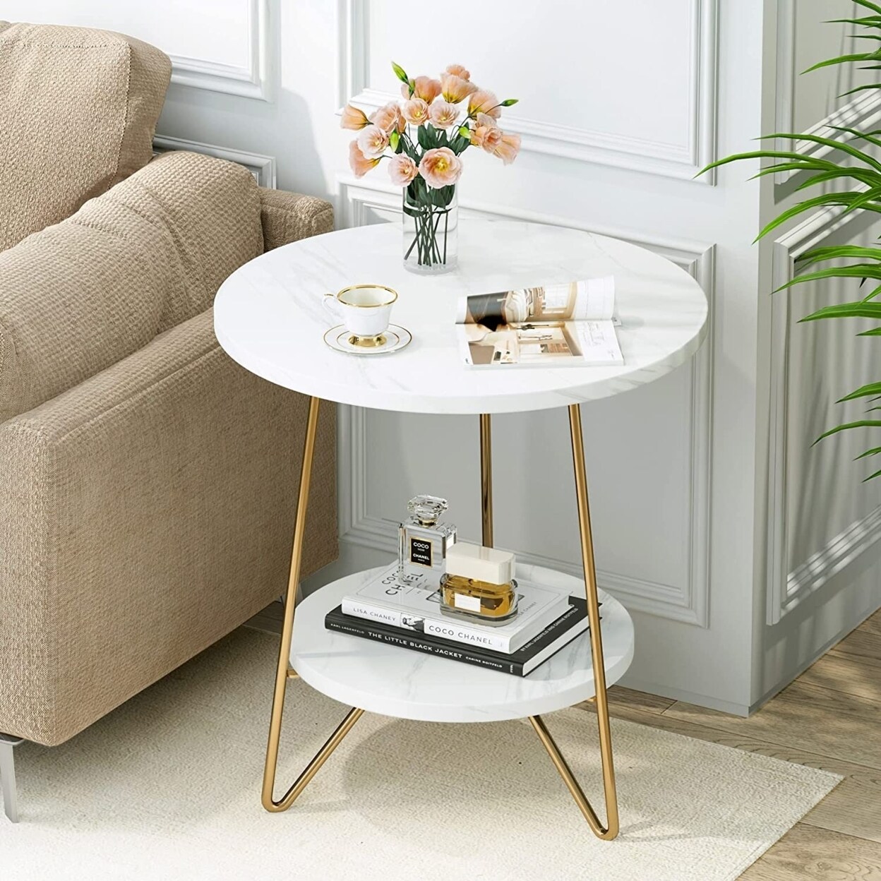Tribesigns   Marble End Table 2 Tier Round Side Table with Shelves Modern Gold Nightstand Bedside Table Small Coffee