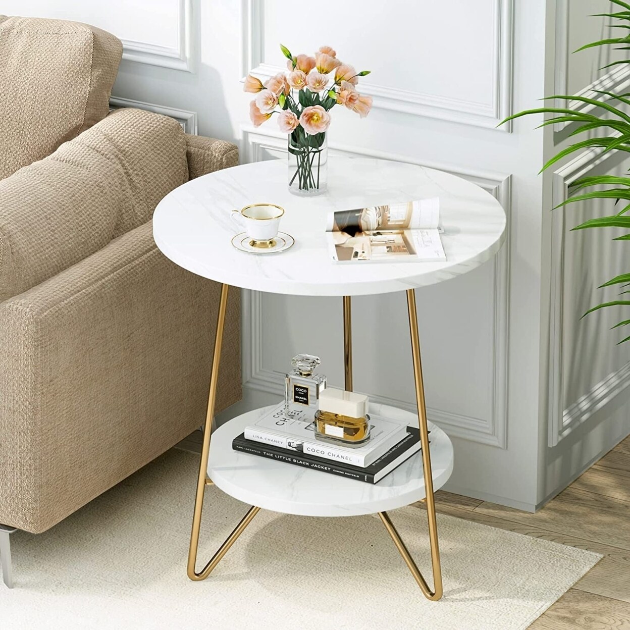 Tribesigns Marble End Table Gold 2 Tier Round Side Table 18.7 Inch Nightstand