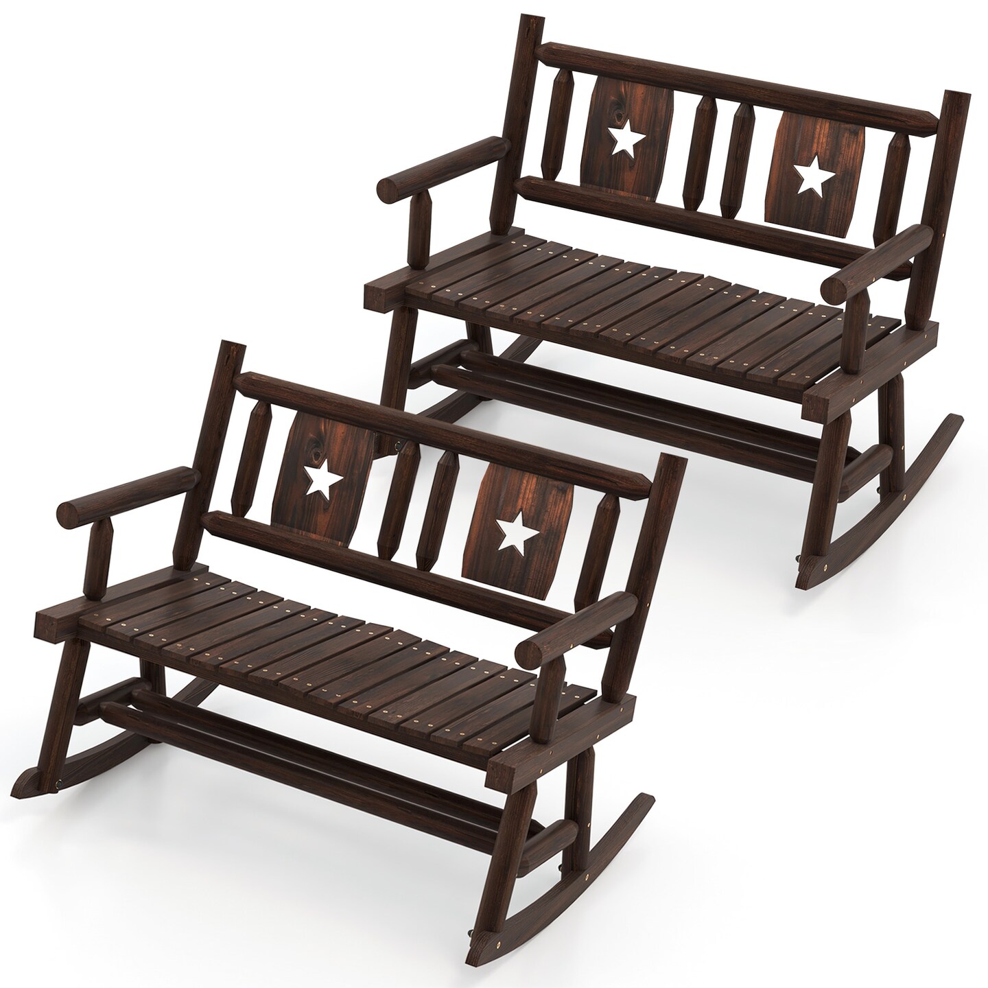 Costway 1/2 PCS Patio Rocking Bench Carbonized Wood Double Rocker Chair with Ergonomic Seat Rustic