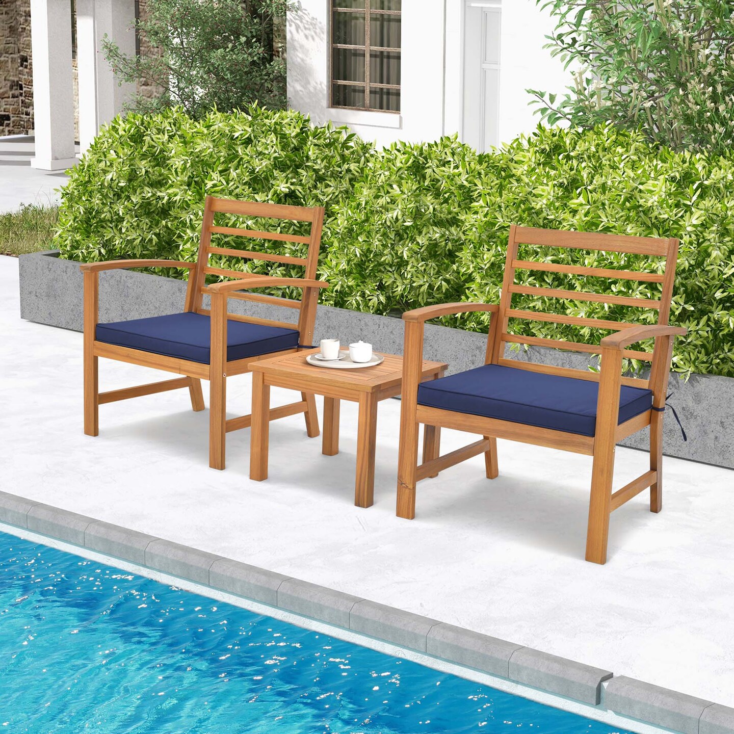 Costway 3 PCS Outdoor Furniture Set Acacia Wood Conversation Set with Soft Seat Cushions White/Grey/Navy