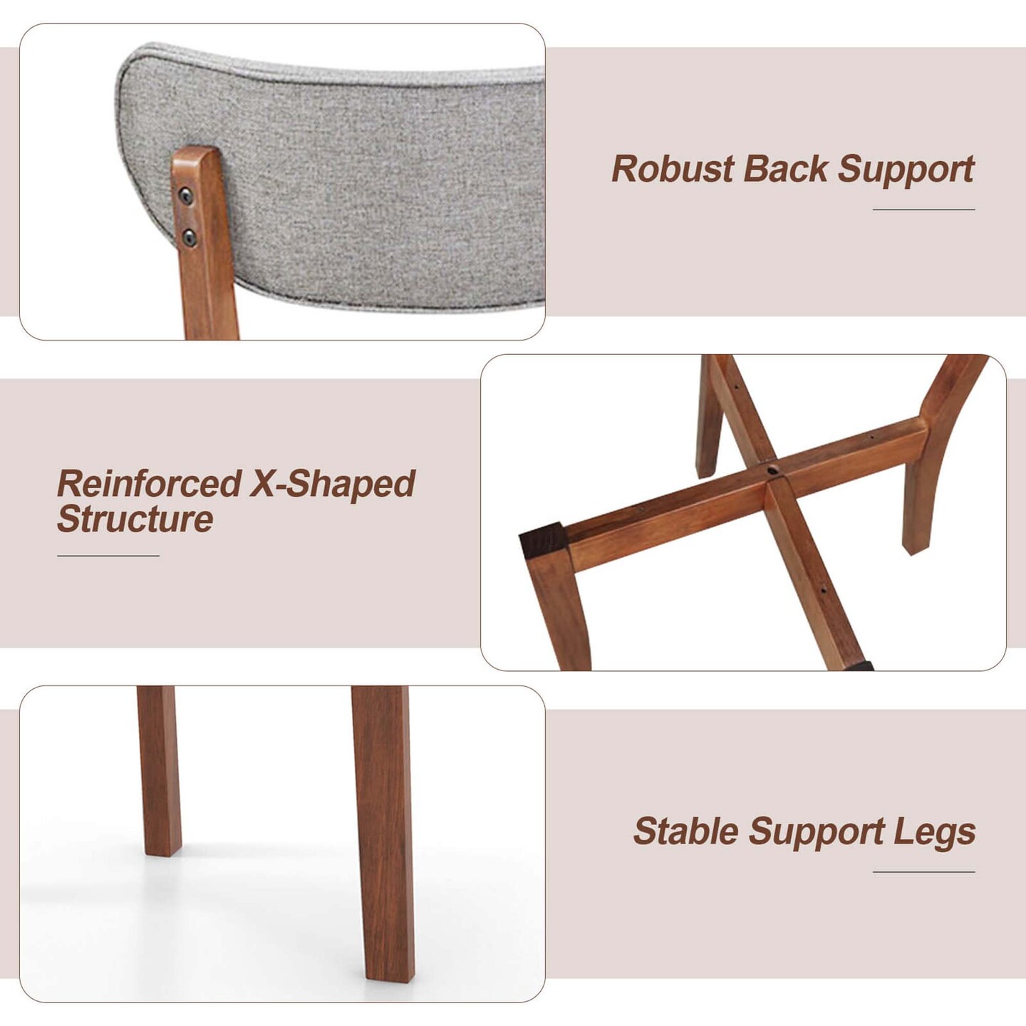 Costway 2 PCS Upholstered Dining Chairs Set of 2 with Solid Rubber Wood Frame, Curved Backrest Brown/Grey