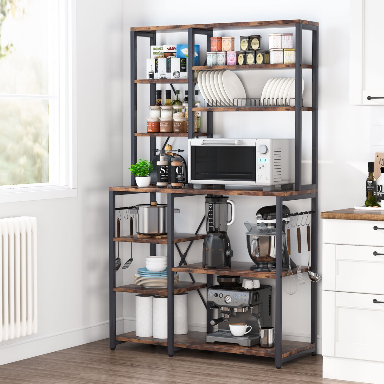 Tribesigns   Kitchen Bakers Rack 5-Tier+6-Tier Kitchen Utility Storage Shelf Table with 10 S-Shaped Hooks and Metal Frame