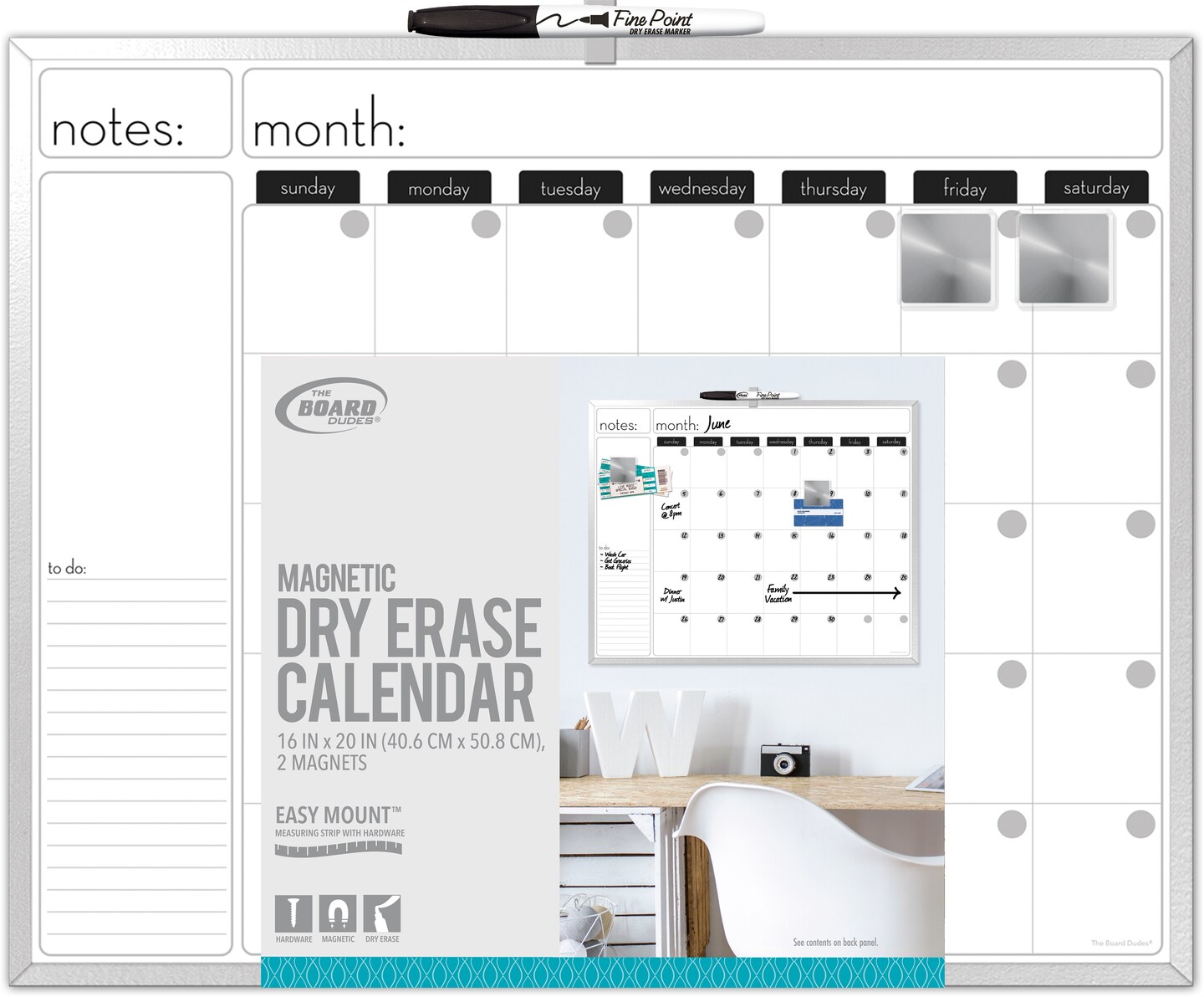 Board Dudes Magnetic Dry Erase Calendar-20&#x22;X16&#x22;