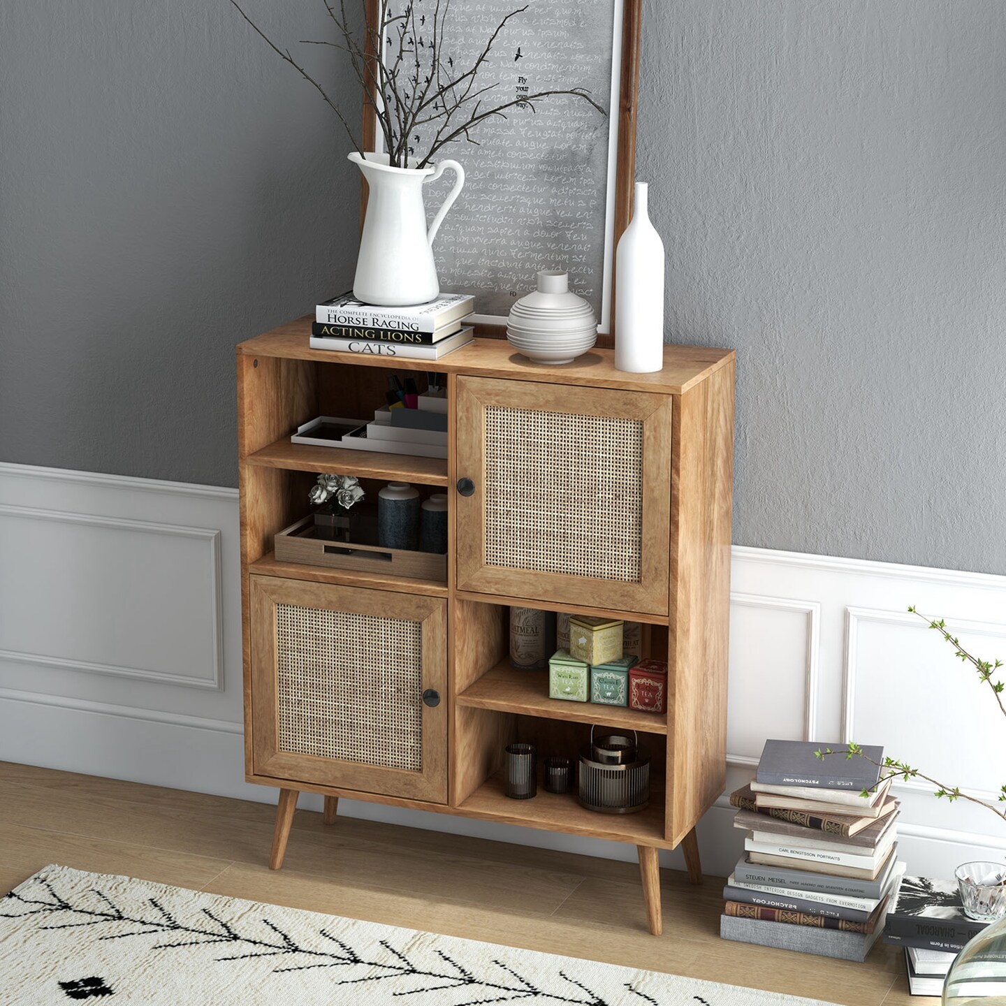 Costway Rattan Buffet Sideboard Accent Storage Cabinet Coffee Bar Cabinet Doors Cubbies