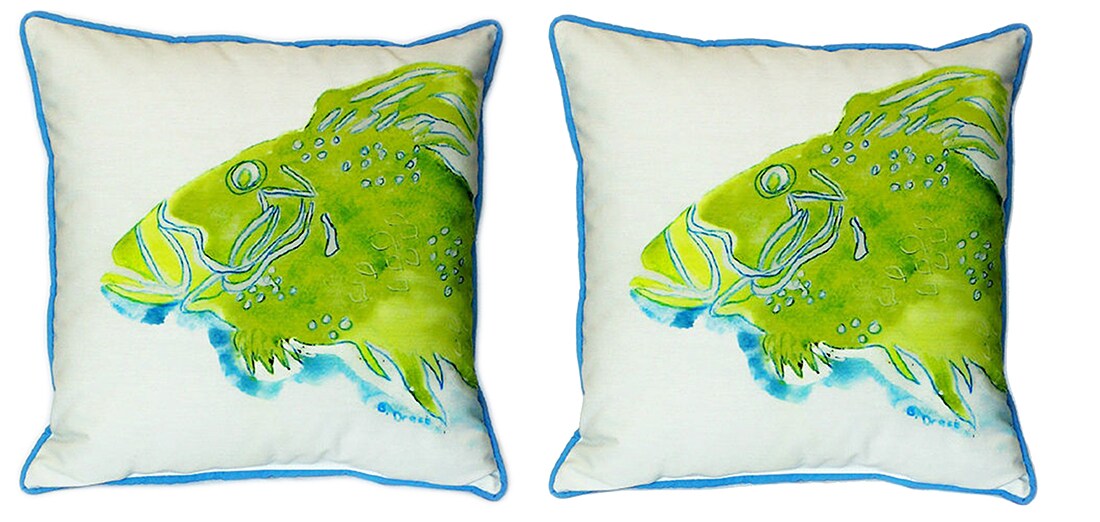 Pair of Betsy Drake Green Fish Large Indoor/Outdoor Pillows 18x18