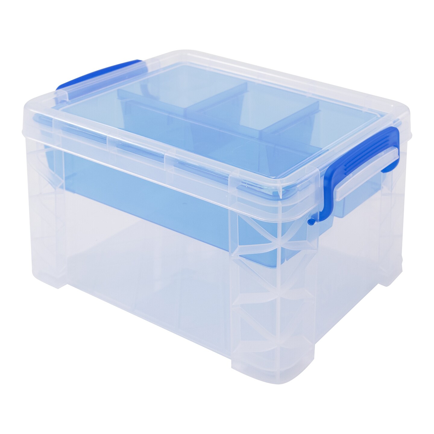 Storage Studios Super Stacker Divided Storage Box-6.38"X7.25"X10.88 Clear/Blue Handles