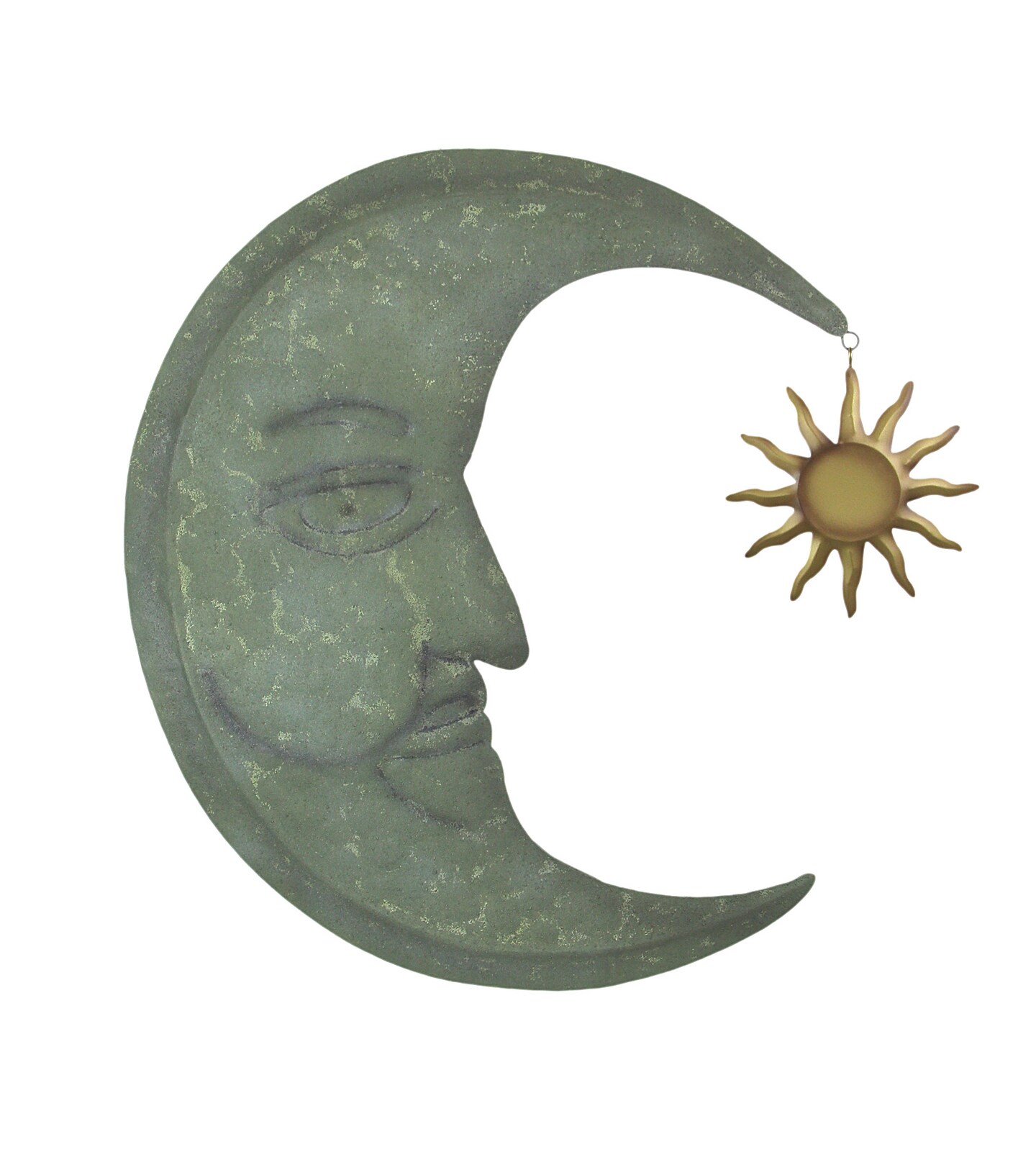 Weathered Verdigris Green Finish Metal Crescent Moon Wall Hanging W/ Sun Dangler