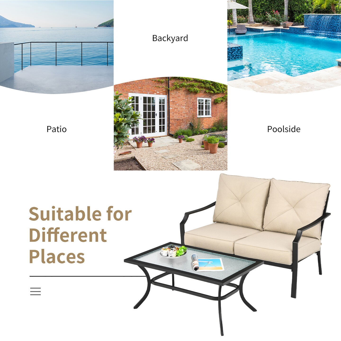 Costway 2 PCS Patio Loveseat with Coffee Table Outdoor Sofa Bench with Cushions