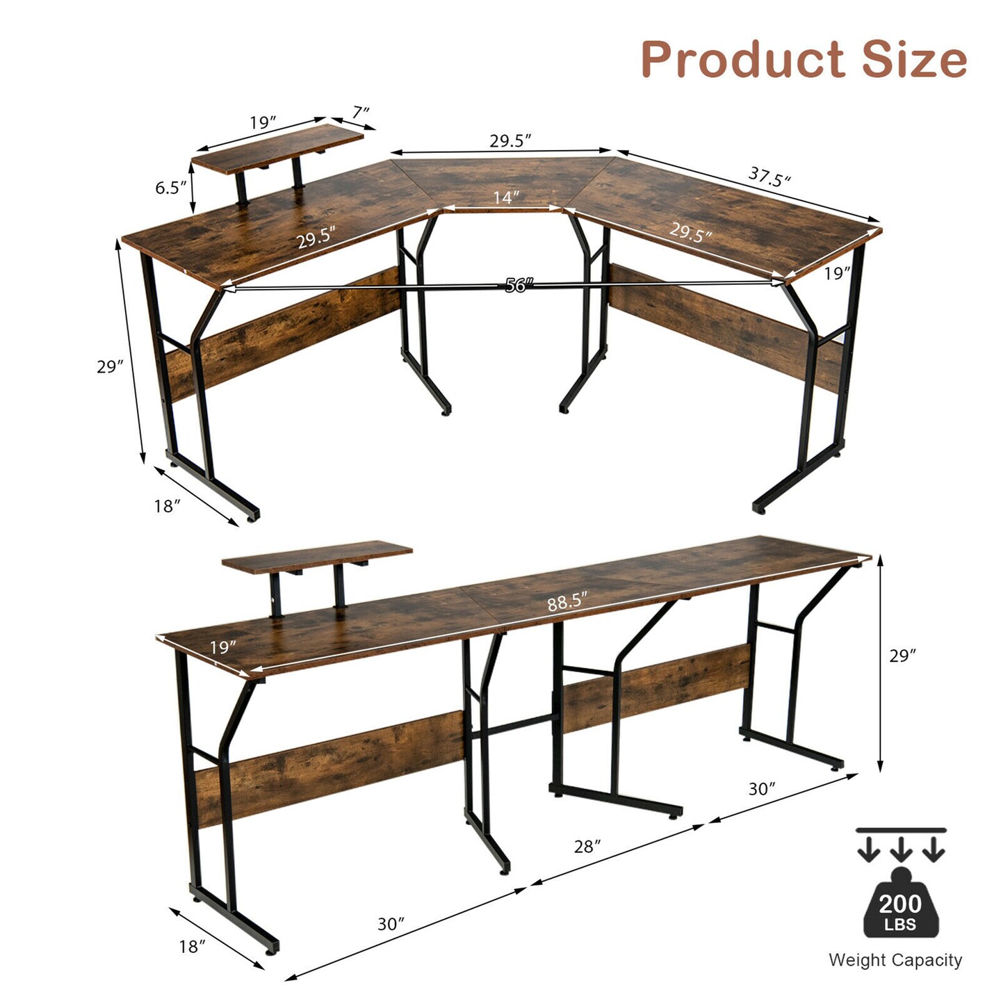 Costway 88.5&#x27;&#x27; L Shaped Reversible Computer Desk 2 Person Long Table Monitor Stand