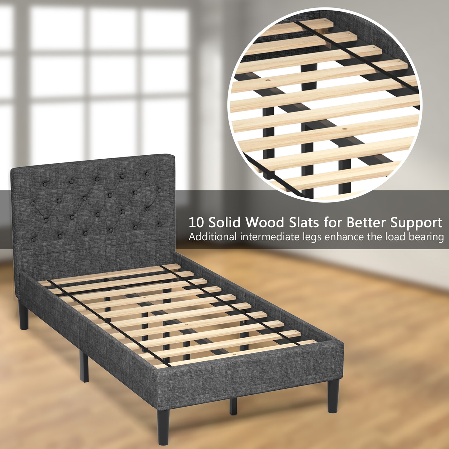 Costway Twin Upholstered Bed Frame Diamond Stitched Headboard Wood Slat Support