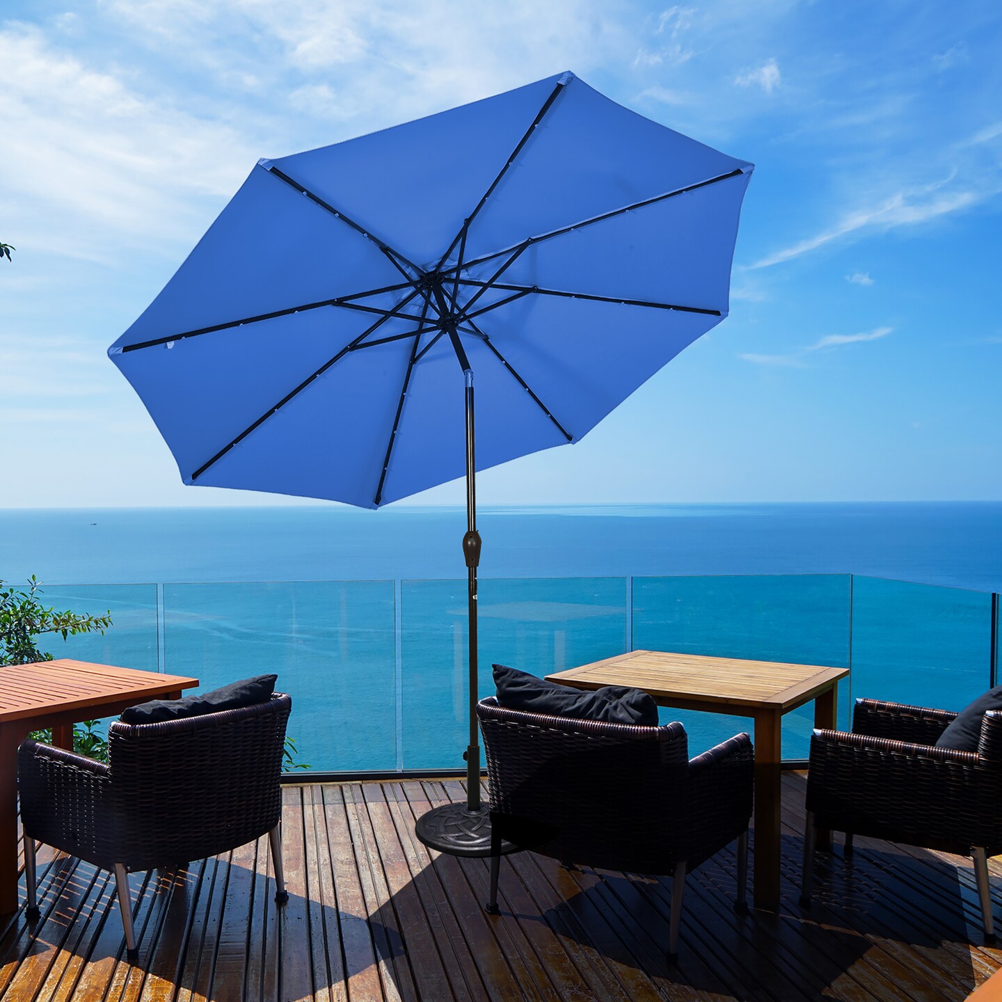 10ft patio solar umbrella led Best Choice Products Polyester Lighted w/Tilt Adjustment and UV-Resistant Fabric Block out the shining sun during the day and create a romantic space during the evening with this amazing 10 ft LED cantilever umbrella Sonkuki 10 ft. Round Outdoor