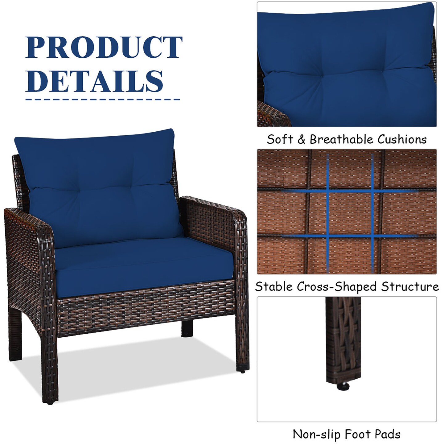Costway 3PCS Outdoor Rattan Conversation Set Patio Garden Cushioned Sofa Chair
