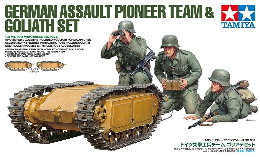 Tamiya 1/35 TAM35357 - 1/35 Tamiya German Assault Pioneer Team (3) & Goliath Tracked Mines (2) Assembly Kit